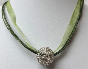 SILBER PERLE HALSKETTE KETTE ORGANZA KUGEL DRAHTKUGEL SCHMUCK DAMEN DUNKEL GRÜN - Bild 1 von 17