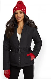 NY&C Belted Puffer Jacket Black SMALL Womens Pockets Hoodless Zipper Collared - Picture 1 of 5