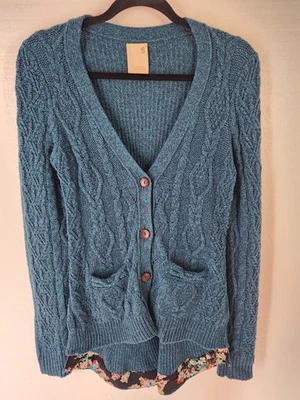 Far Away From Close Anthropologie 女式小号开衫蓝绿色花卉衬衫尾巴 — 第 1/4 张图片