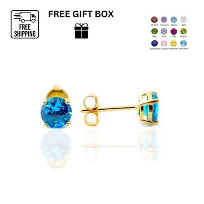 Aretes redondos de circonita cúbica de piedra de nacimiento de 6 mm de oro amarillo macizo de 14K con empuje hacia atrás Foto 1 de 4