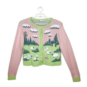 ZARA Women's Pink Green Knit Sheep Lamb Novelty Cardigan Cottagecore Twee Sz M - Picture 1 of 5