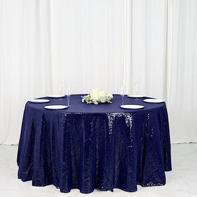 120" Navy Blue SEQUIN ROUND TABLECLOTH Wedding Party Catering Reception Linens - Image 1 of 4