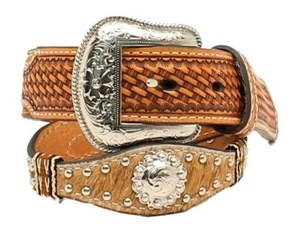 Nocona Western Boys Belt Youth Leather Scalloped Calf Hair Conchos Tan N4436448 - Picture 1 of 1