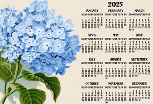 HYDRANGEA FLOWER FLORAL BLUE YEARLY OFFICE KITCHEN FRIDGE 2025 CALENDAR MAGNET - Picture 1 of 1