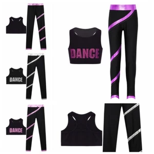 Kids Girls Sweatsuit Cutout Crop Top With Trousers Fitness Vest And Pants Team - Picture 1 of 36