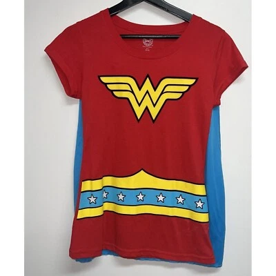 DC Comics Womens Wonder Woman Halloween Costume T-shirt Blue Cape Jr Size M 7-9 - Image 1 of 4