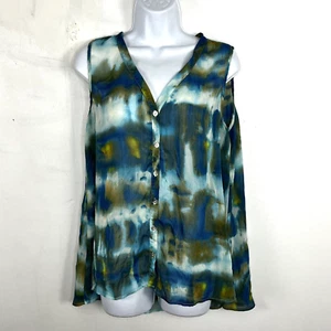 DB Womens Sleeveless Top Sz L Blue Tie Dye V Neck Button Front Blouse - Picture 1 of 11