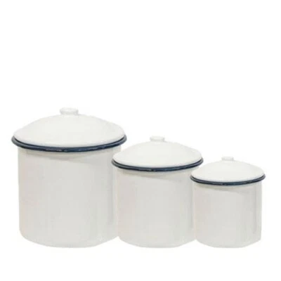 New Primitive BLUE WHITE ENAMELWARE CANISTERS Cottage 3 pc Farmhouse Cottage - Image 1 of 3