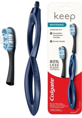 Kit básico de blanqueamiento Colgate Keep cepillo de dientes manual azul marino con 2 cabezales de cepillo nuevo Foto 1 de 4