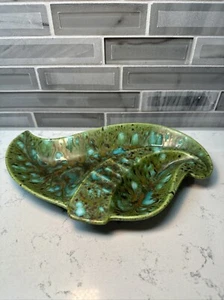Ceramic Glazed Leaf Shape Mid Century Modern Ashtray Retro Green Brown Turquoise - Picture 1 of 9
