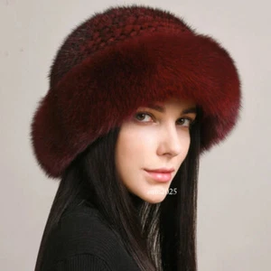 Echte echte natürliche gestrickte Nerz Pelzmütze Mütze Strick Mode Winter Kopfbedeckung warm - Bild 1 von 34