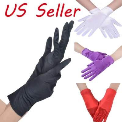 Guantes de muñeca cortos de satén liso para damas para vestido de fiesta graduación noche boda EE. UU. Foto 1 de 4