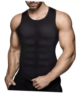Mens Compression Shirt Slimming Body Shaper Vest Workout Tank Tops Large Black - Picture 1 of 7