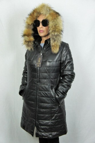 UNDERCOVER GIACCA TAMPONE DONNA NERA 100% VERA PELLE DI AGNELLO CAPPOTTO FODERATO PELLICCIA DI PROCIONE XS 6XL