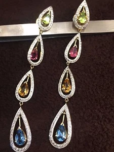 Pave 1.76 Cts Round Brilliant Cut Diamonds Dangle Earrings In Solid 18Karat Gold - Picture 1 of 7