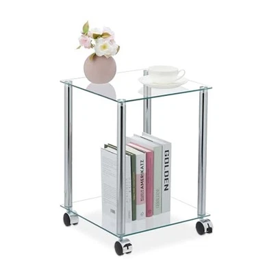 (TG. 46 x 34 x 34 cm) Relaxdays Tavolino con Ruote, 2 Ripiani, Quadrato, per Sal - Immagine 1 di 4
