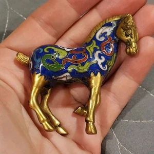 Cloisonne Horse Miniature Brass Enamel Chinese Figurine COBALT BLUE 2.25" VTG - Picture 1 of 13