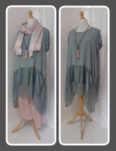BNWT, QUIRKY, LAGENLOOK, GREY, ASYMMETRICAL, SILK-HEM, TUNIC TOP, OSFA - Picture 1 of 20