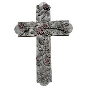 Resin Crucifix Religious Cross Floral Design Wall Hanging 7"x5" - Picture 1 of 13