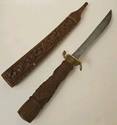 Vintage Thai Dha Sword w' Carved Teak Scabbards V78 - Image 1 of 4