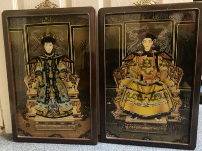 VTG Asian Reverse Glass Paintings Lot Of 2 Chinese (1) Emperor (1) Empress Pair - Image 1 of 3