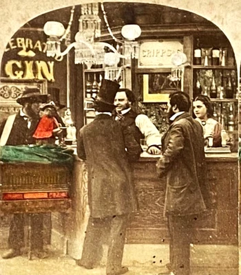 painted tinted stereoview photo stereo street organ musician monkey UK pub 1860 - Image 1 of 3