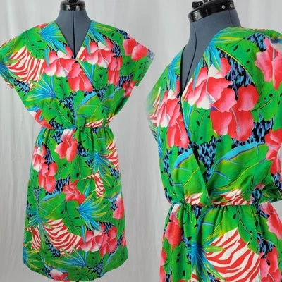 Vtg Green/Red/Blue Tropical Print Wrap Bodice Dress w Elastic Waist Size Med? - Image 1 of 4