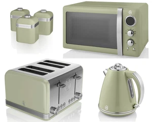 SWAN Retro Green Jug Kettle 4 Slice Toaster Microwave & Canisters Kitchen Set - Picture 1 of 10