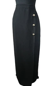Women's Black Long Pencil Skirt Large Gold Side Buttons Thigh-High Slit RT$180 - Picture 1 of 5
