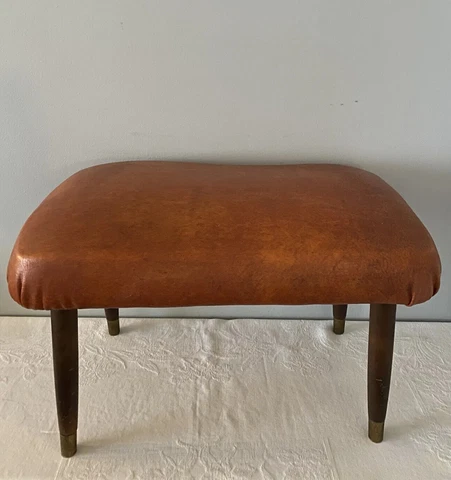 Vintage Mid Century Footstool Ottoman Orange Vinyl Naugahyde Tapered Wood Legs Cover