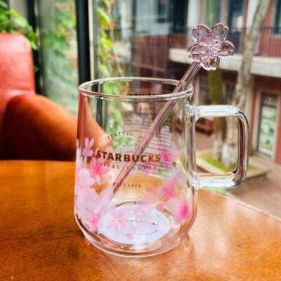 2023 Starbucks Pink Sakura Beautiful Cherry Blossom Glass Coffee Mug Cup &Stick
