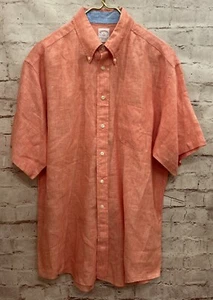 BROOKS BROTHERS Mens L Shirt 100% Linen Button Up Short Sleeve Coral Orange - Picture 1 of 3