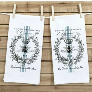 New, Tea Towels, Set of 2, French Country Grain Sack, Blue Bee, Great Gift Idea - Picture 1 of 3
