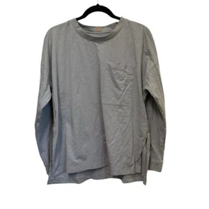 Lunya Womens M Split Hem Long Sleeve T-Shirt Grey Pocket Crew Neck Cotton Lounge - Picture 1 of 6