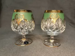 Set Of 2 Czech Hand Cut Bohemian Glass, Rare Pale Green, Raised Gold - Picture 1 of 9