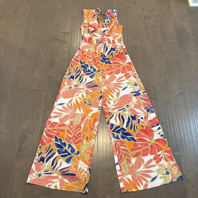 NUEVO SIN ETIQUETAS Mono Estampado Tropical Profundo V Para Mujer Mediano Naranja Azul Pierna Ancha Espalda Abierta Foto 1 de 4