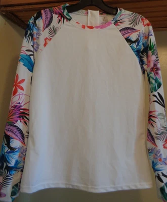 ИЗЮМ БЕЛЫЙ/МУЛЬТИ ЦВЕТОЧНЫЙ ПРИНТ НАЗАД МОЛНИИ ДЛИННЫМ РУКАВОМ RASHGUARD ВЕРХНИЙ НОВЫЙ РАЗМЕР M - Изображение 1 из 4