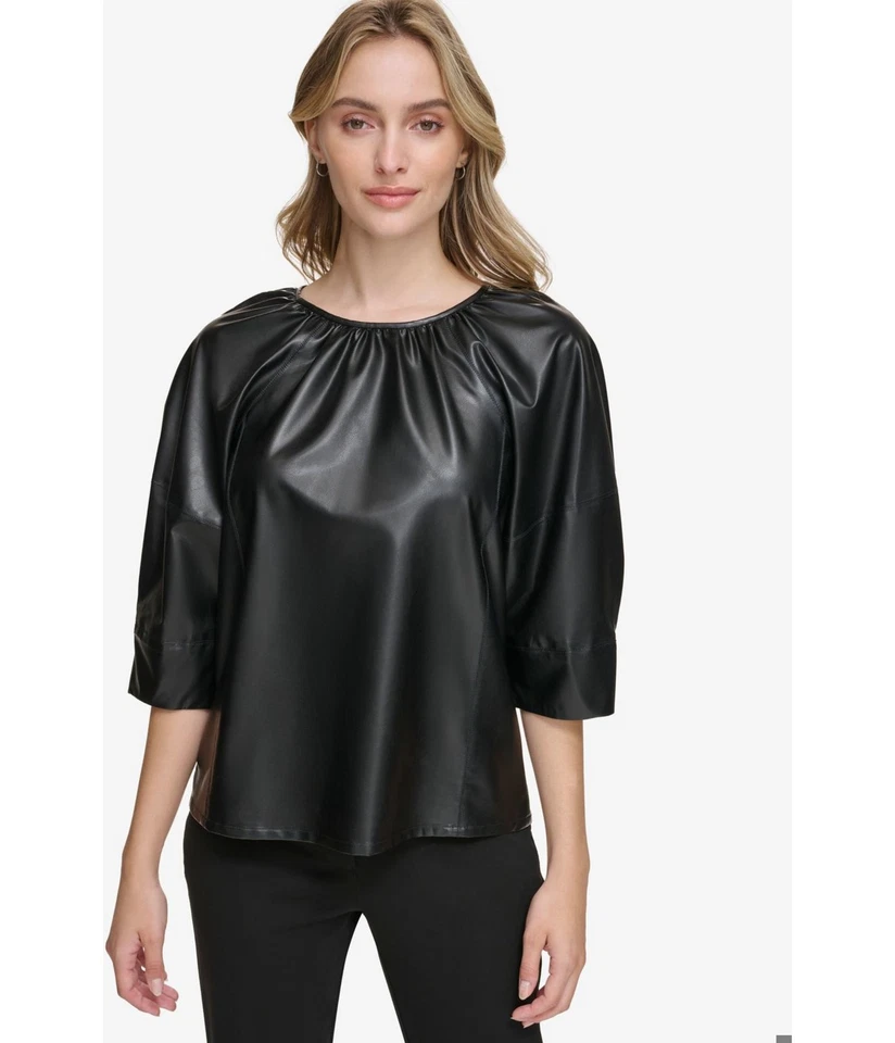 Blusa campesina de cuero sintético para mujer Calvin Klein, negra, X-grande Foto 1 de 1