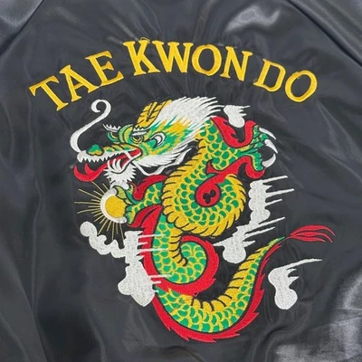 Vintage 80s TAE KWON DO Dragon Satin Bomber Jacket Black Embroidered Mens XL - Image 1 of 4