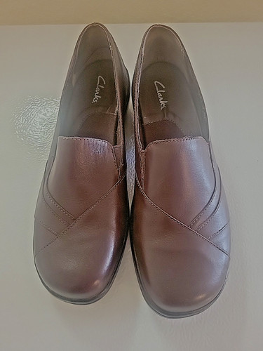 Mocassini Clarks BLACKBERRY donna taglia 9M pelle marrone zeppa tacco 2"