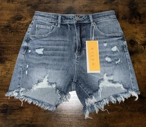NWT Risen Los Angeles Blue Distressed Denim Stretch Shorts Womans Size Large NEW - Picture 1 of 8