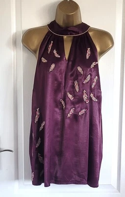 MONZÓN NUEVO CON ETIQUETAS TALLA XL 20 PÚRPURA SATINADO BORDADO PLUMA HALTER TOP Foto 1 de 4