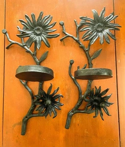 Vintage schwarze Gusseisen Blume Wandleuchter LESEN ~ 16"x8" Metall Kerzenhalter - Bild 1 von 9