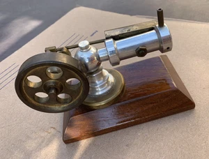 Vintage Miniature Aluminum & Brass Cylinder Mill Steam Engine Wood Base Live Toy