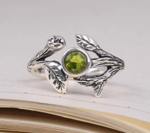 Natural Peridot Gemstone Ring Leaf Ring 925 Silver Ring Engagement Women Ring - Picture 1 of 5