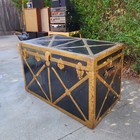 Vintage Antique 1920's Black Trunk Chest w/ Brass & Leather details in good cond