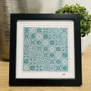 Cidstitches Geometric Squares Back Stitch Finished Wood Frame 7" Wall Desk Art - Picture 1 of 7