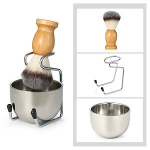 3 in 1 Wooden Handle Badger Synthetic Shaving Brush Stand Holder Mug Bowl Set
