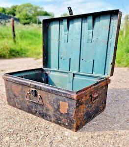 Vintage Industrial Chest Metal Utility Steamer Trunk  Coffee Table -Storage Box 