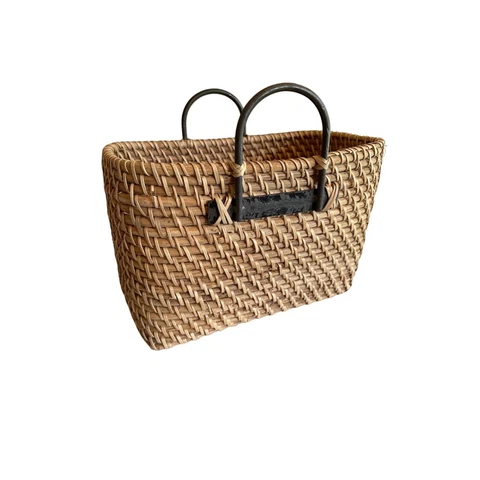 Rigid Heavy Rattan Woven Magazine Basket Metal Handles Cover